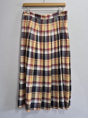 Talbots Vintage Plaid Pleated Yellow Blue Red Midi Skirt Size 12